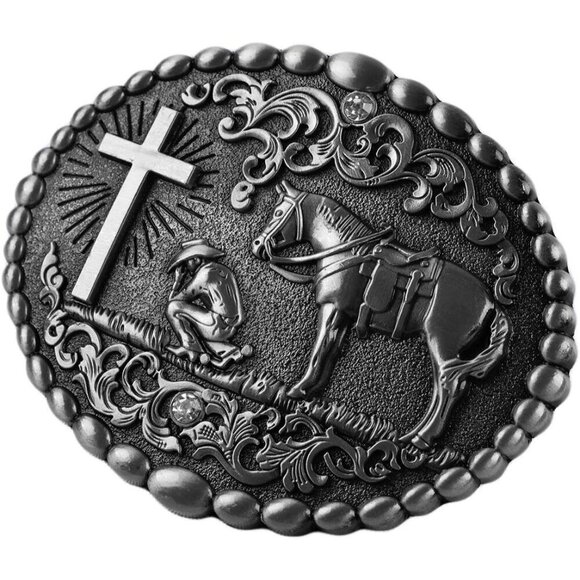 Women\'s Oval Silver Religion Cross Kneeling Prayer And Horse Design Belt Buckles main image 6
